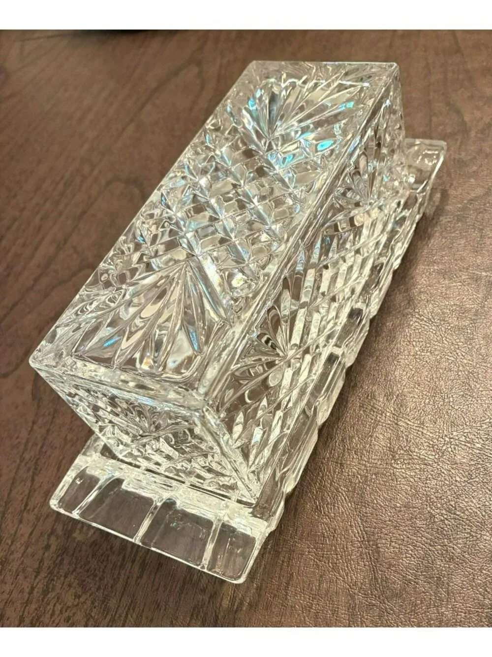Vintage Crystal Butter Dish With Lid Intricate Diamond Starburst Pattern JH1854